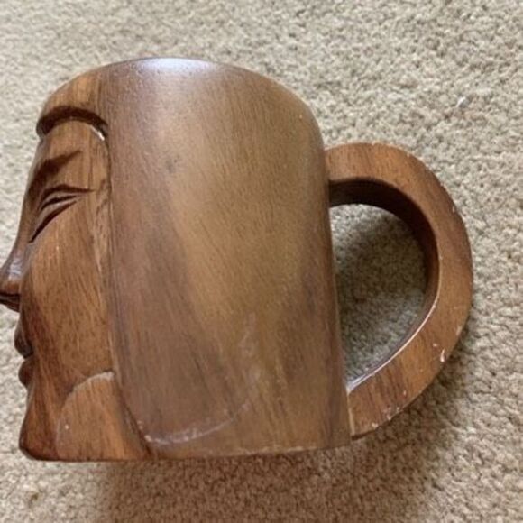 Vintage Monkey Pod Wood Head Mug Philippines Mid Century Modern - Picture 3 of 6